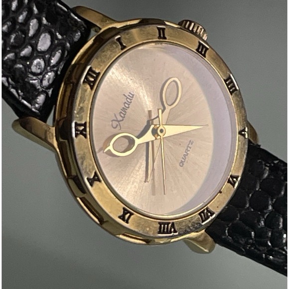 Vintage XANADU Women Watch Scissor Hands WORKS Gold Tone Black Leather Swiss - Picture 5 of 16
